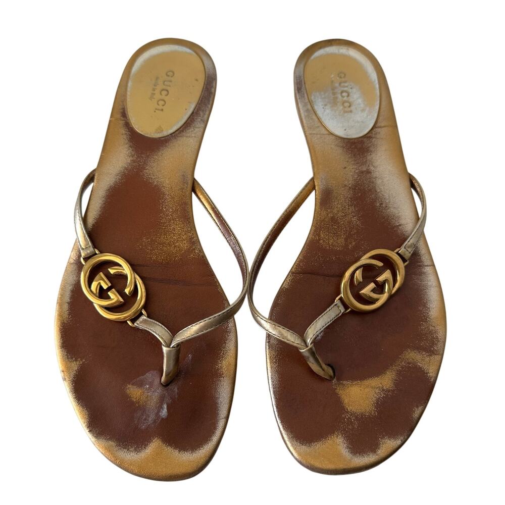 VTG Gucci (EUR 38/8 US) Metallic Gold G Logo Leather Sandal Flip Flop Tom Ford